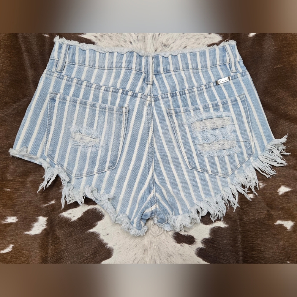 KanCan Blue and White Distressed Jean Shorts - Picture 2 of 3